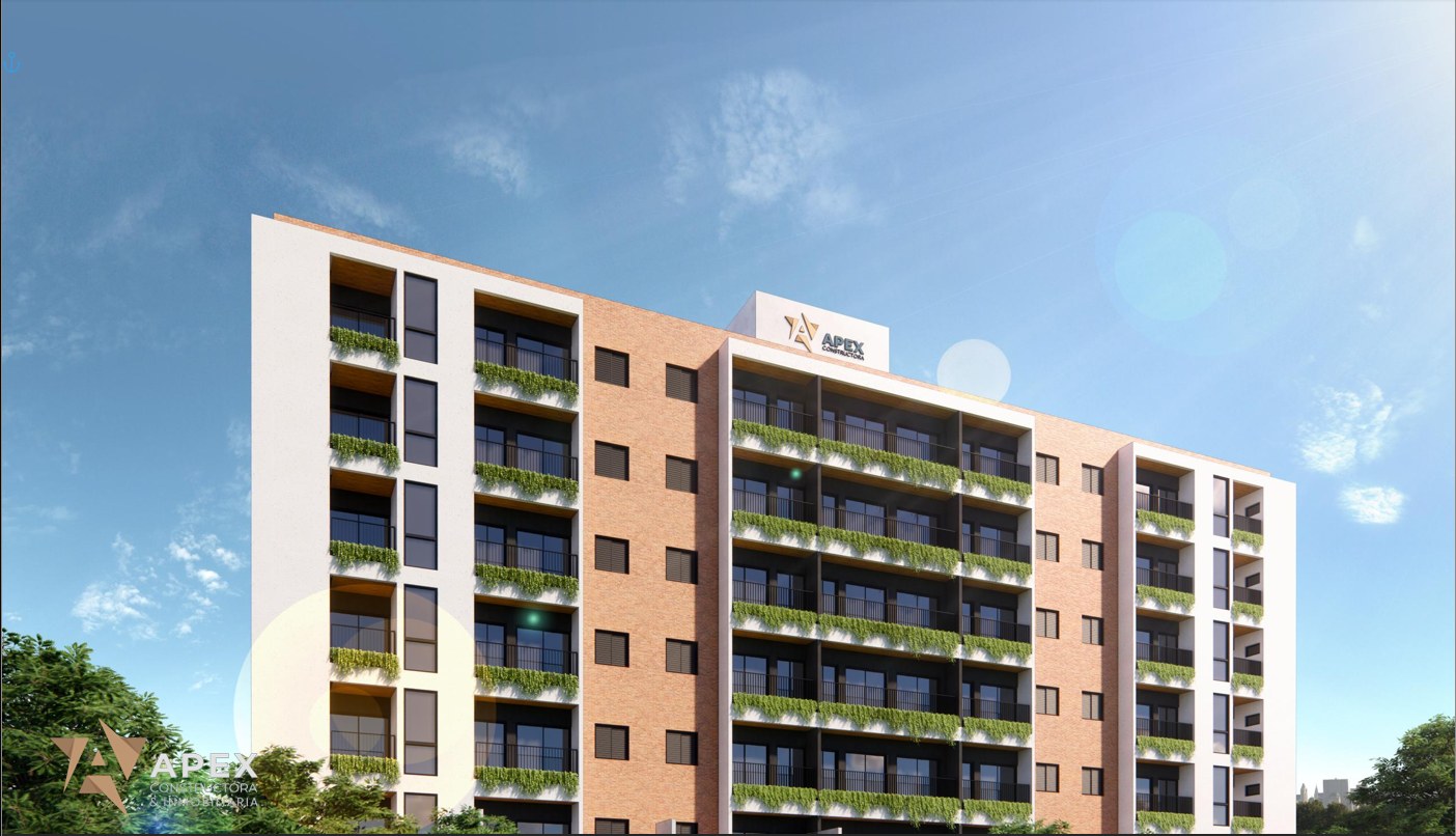 Vista frontal completa do Vizkaya Residencial com o letreiro Apex