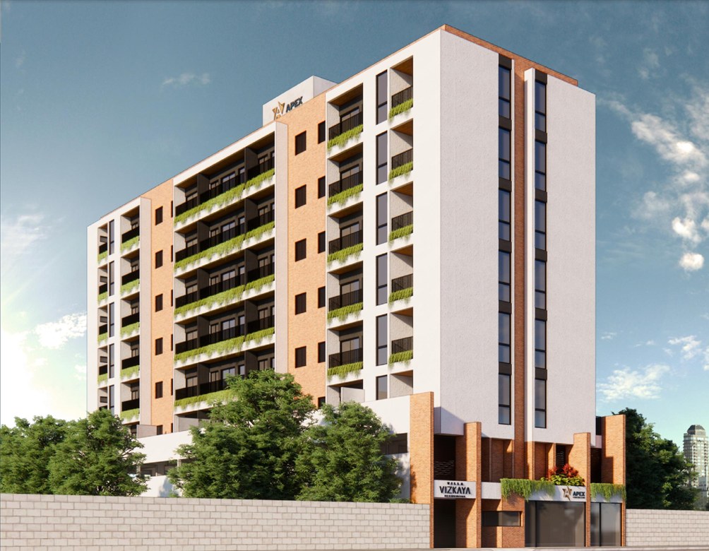 Fachada completa do Vizkaya Residencial, prédio de tijolo aparente e branco com jardins nas varandas