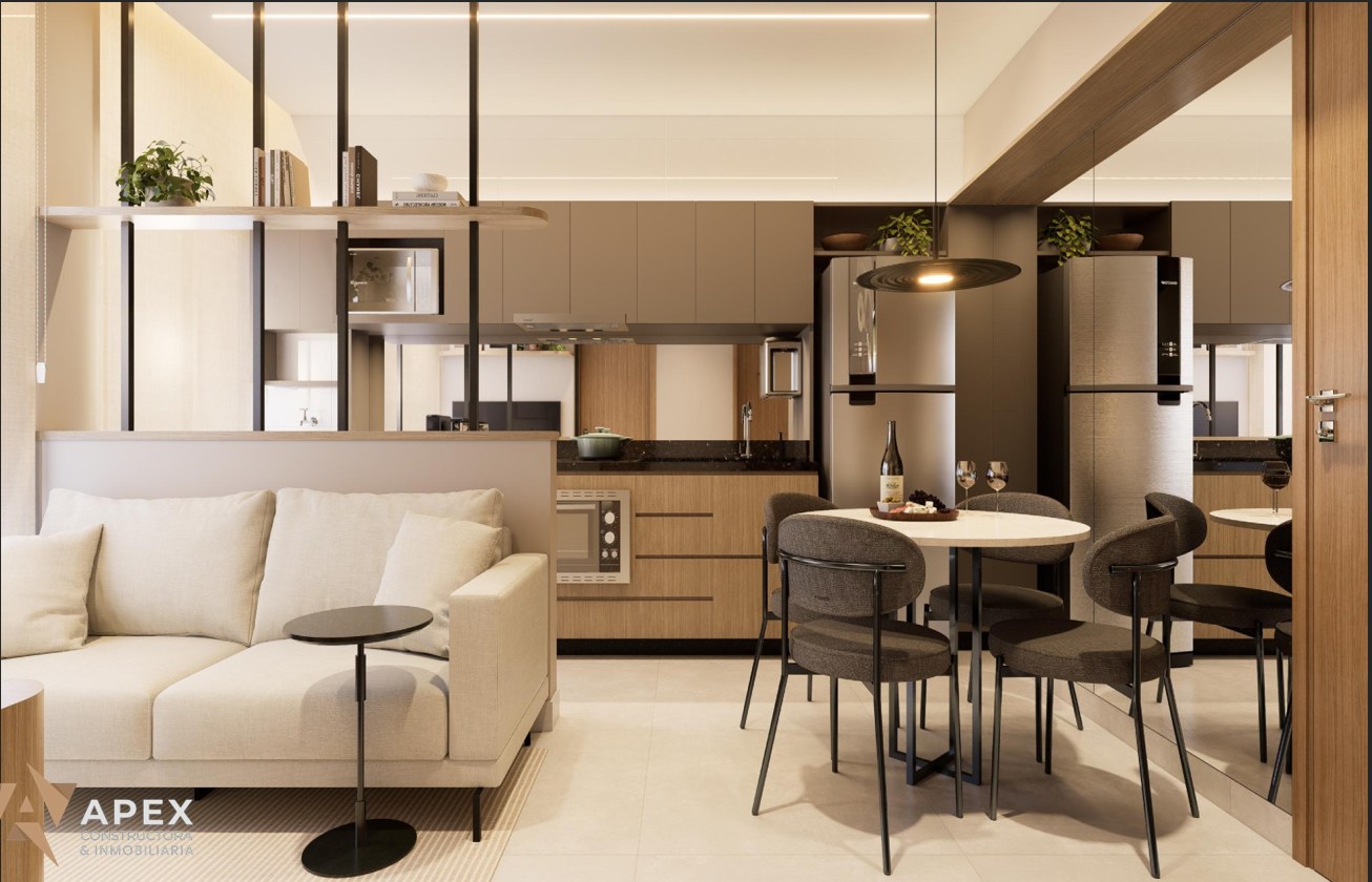 Estar integrado com cozinha e mesa redonda